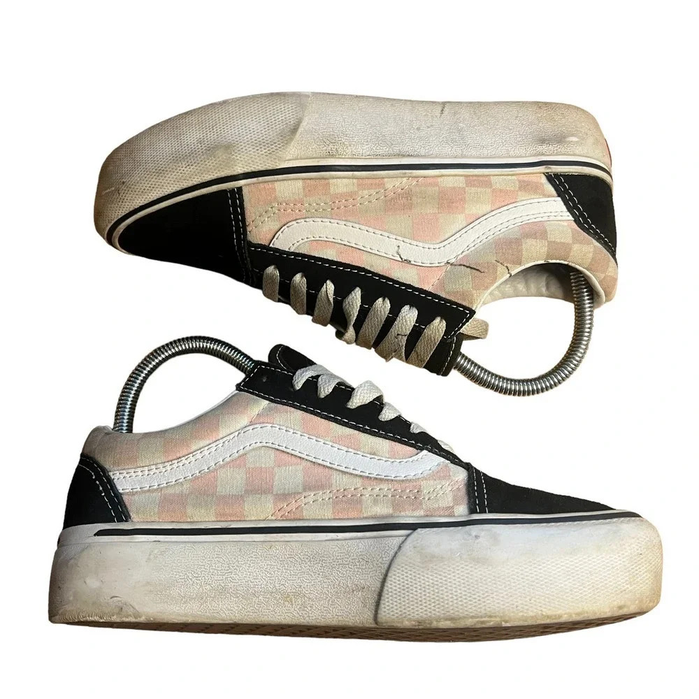 VANS Old Skool‎ Black/Pink Checkerboard Platform Canvas Suede Sneakers M4.5/W6